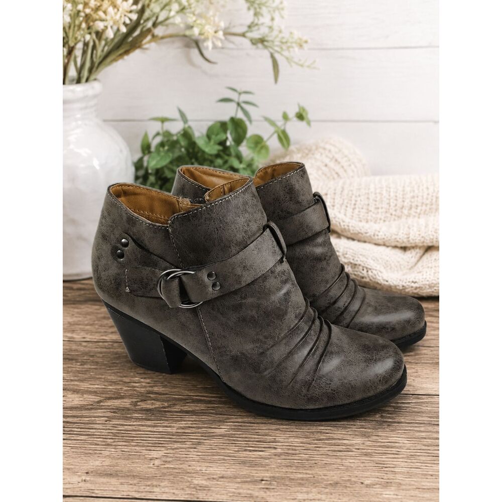 NATURAL SOUL Yeva Faux Leather Stacked Ankle Boots 9.5 Women's Grey Zip Up